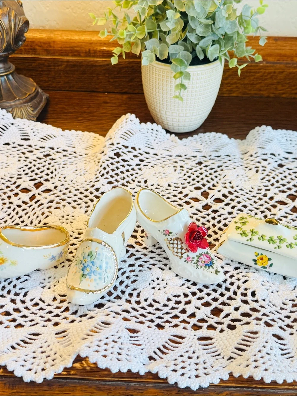 Vintage Porcelain Shoe Trio-English Trinket Box-Crochet Runner Bundle